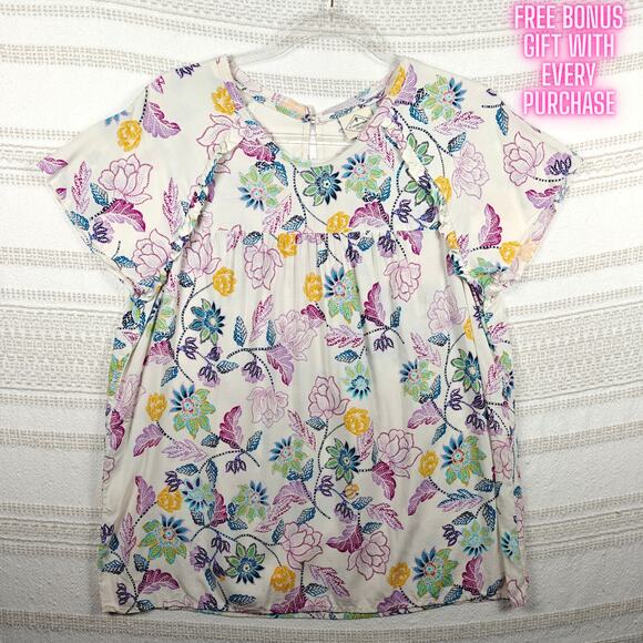 St. John’s Bay White Multicolor Floral Short Sleeve Top L NEW - Picture 1 of 8